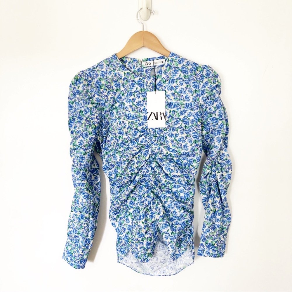 NWT Zara Blue White Floral Cotton Long Sleeve Top XS Garden Party - Picture 2 of 15